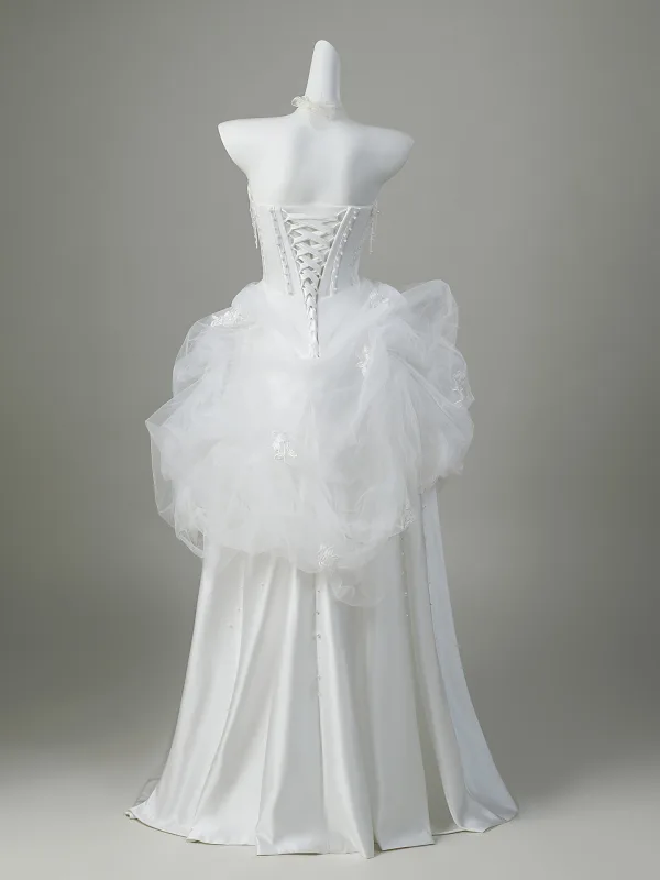 Elegant White Pearl Lace Flower Satin Wedding Dresses 2026 Ball Gown Strapless Sleeveless Backless Floor-Length / Long