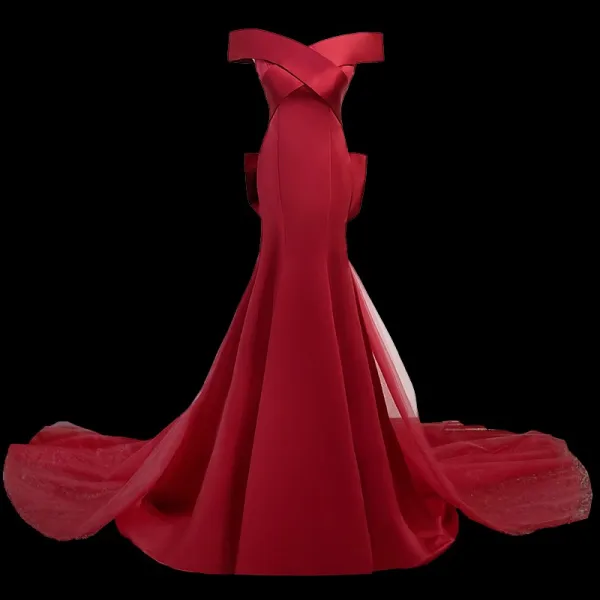 Vintage / Retro Burgundy Satin Evening Dresses 2023 Trumpet / Mermaid Off-The-Shoulder Short Sleeve Backless Bow Sweep Train Evening Party Formal Dresses