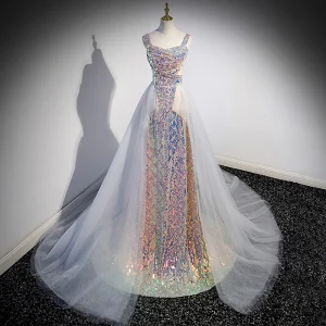 Sparkly Laser Sequins Prom Dresses 2023 A Line Princess Square Neckline Sleeveless Backless Sweep Train Prom Formal Dresses