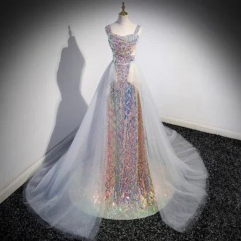 Sparkly Laser Sequins Prom Dresses 2023 A Line Princess Square Neckline Sleeveless Backless Sweep Train Prom Formal Dresses