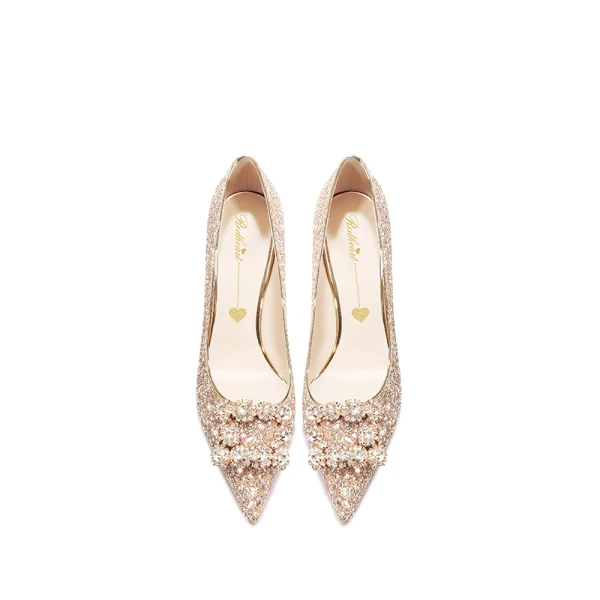Glittrande Guld Rhinestone Paljetter Brudskor 2024 6 cm Stilettklackar Spetsiga Bröllop Pumps Högklackade