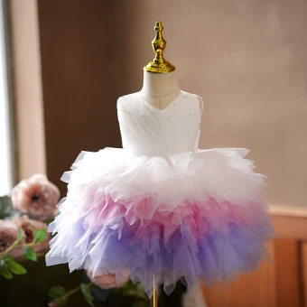 Chic Belle Multi Couleurs Perle Courte Volants En Cascade Anniversaire Robe Ceremonie Fille 2023 Robe Boule V Cou Sans Manches