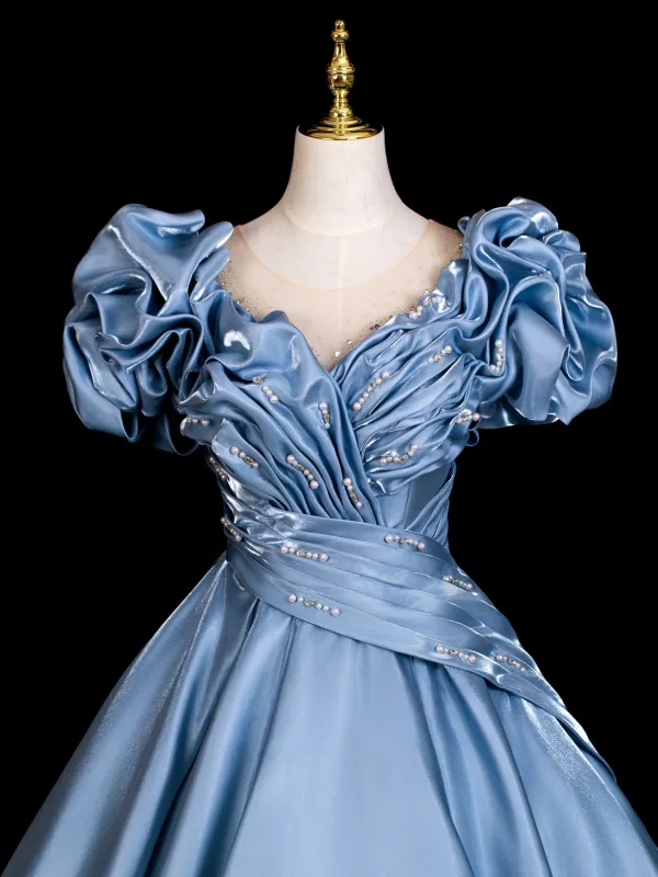Elegant Sky Blue Beading Sequins Ruffle Prom Dresses 2026 Ball Gown Scoop Neck Short Sleeve Backless Floor-Length / Long Formal Dresses