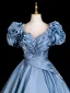 Elegant Sky Blue Beading Sequins Ruffle Prom Dresses 2026 Ball Gown Scoop Neck Short Sleeve Backless Floor-Length / Long Formal Dresses