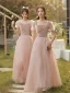 Chic / Belle Rose Sombre Perle Velour Robe Demoiselle D'honneur 2022 Princesse Encolure Carrée Manches Courtes Dos Nu Longue Demoiselle D'honneur Robe De Ceremonie