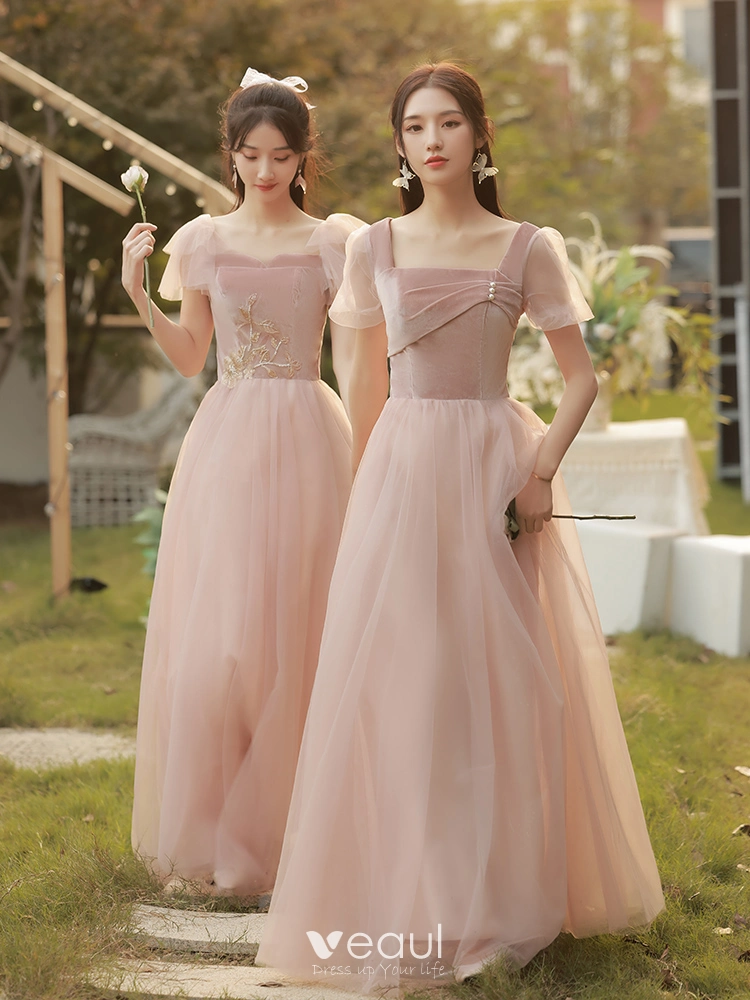 Chic Beautiful Dusky Pink Pearl Velour Bridesmaid Dresses 2022 A Line Princess Square Neckline Short Sleeve