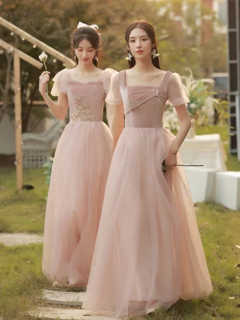 Simple Rougissant Rose Robe Demoiselle D Honneur 2022 Princesse Encolure Carrée Manches Courtes Dos Nu Longue Robe Pour Mariage