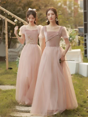 Simple Rougissant Rose Robe Demoiselle D Honneur 2022 Princesse Encolure Carrée Manches Courtes Dos Nu Longue Robe Pour Mariage