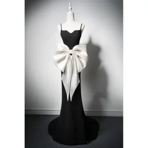Sexy Black Satin Bow Evening Dresses 2024 Trumpet Mermaid Spaghetti Straps Sleeveless Backless Sweep Train Evening Party Formal Dresses