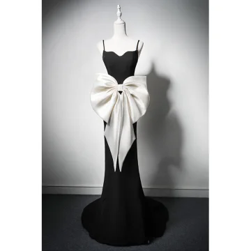 Sexy Black Satin Bow Evening Dresses 2024 Trumpet Mermaid Spaghetti Straps Sleeveless Backless Sweep Train Evening Party Formal Dresses