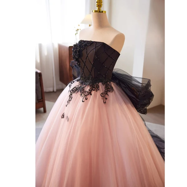 Chic / Beautiful Blushing Pink Beading Appliques Prom Dresses 2023 Ball Gown Strapless Sleeveless Backless Bow Floor-Length / Long Formal Dresses