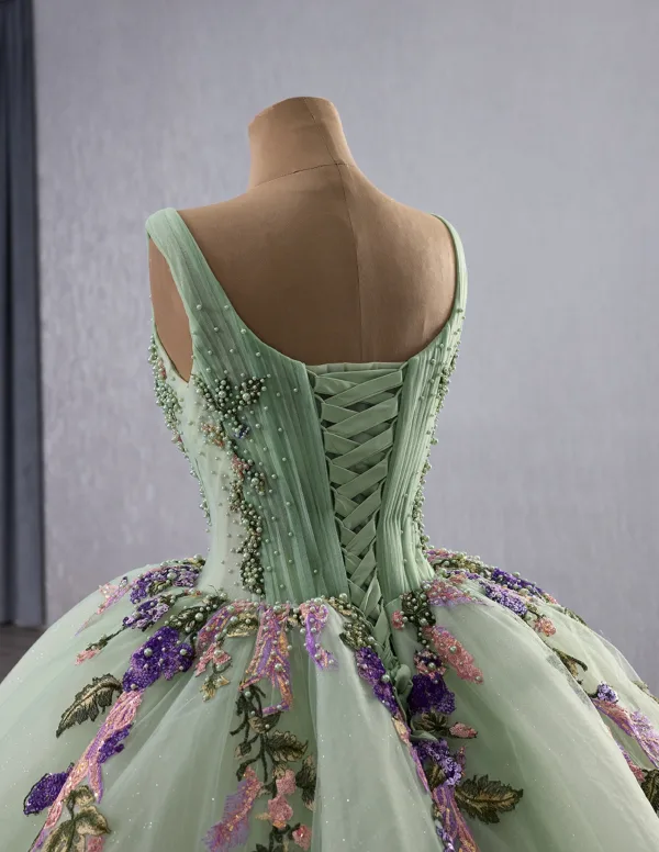 Luxury / Gorgeous Sage Green Beading Pearl Sequins Appliques Lace Flower Prom Dresses 2025 Ball Gown V-Neck Sleeveless Backless Chapel Train