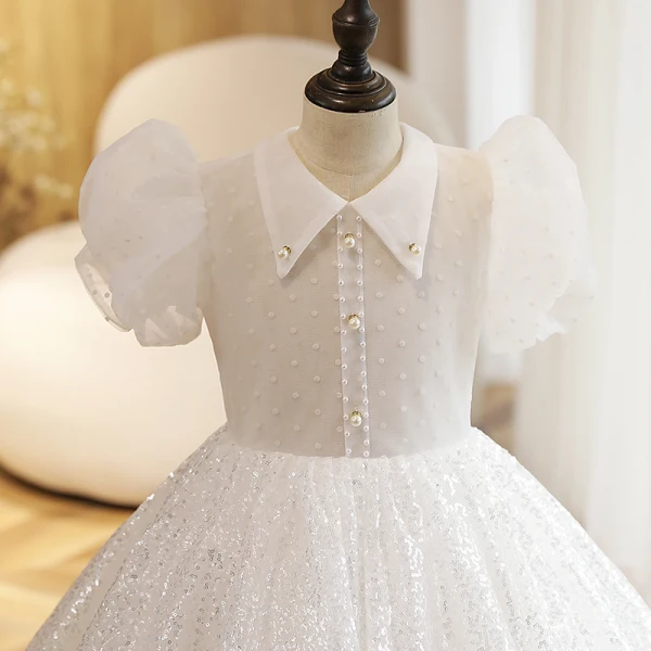 Chic / Belle Blanche Perle Paillettes Anniversaire Robe Ceremonie Fille 2022 Robe Boule Encolure Dégagée Manches Courtes Longue
