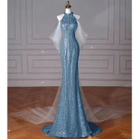 Brillante Azul Rebordear Perla Rhinestone Lentejuelas Vestidos de noche 2024 Trumpet / Mermaid Cuello Alto Sin Mangas Colas De Barrido Vestidos Formales