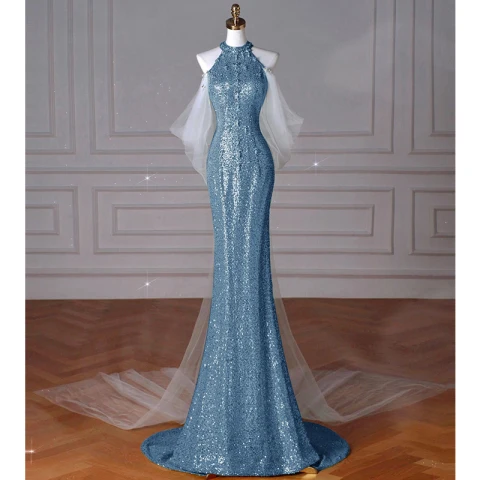 Brillante Azul Rebordear Perla Rhinestone Lentejuelas Vestidos de noche 2024 Trumpet / Mermaid Cuello Alto Sin Mangas Colas De Barrido Vestidos Formales