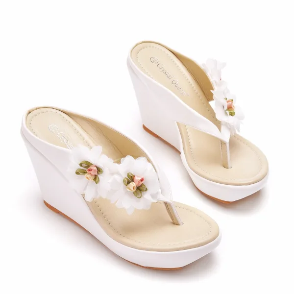 Chic / Beautiful White Appliques Outdoor / Garden Prom Womens Sandals 2022 10 cm Wedges Open / Peep Toe Sandals