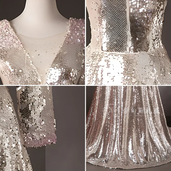 Sparkly Silver Sequins Prom Dresses 2025 Ball Gown V-Neck Long Sleeve Backless Floor-Length / Long Formal Dresses