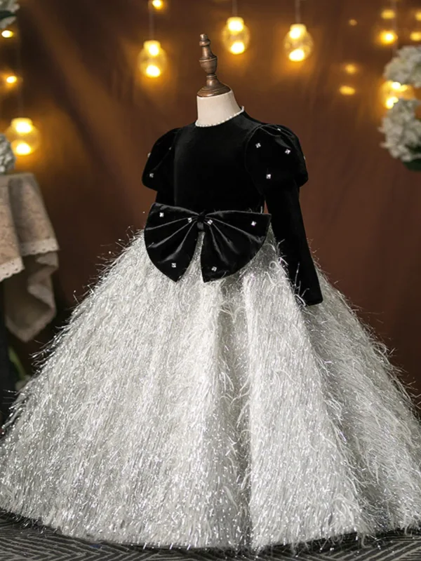Chic / Beautiful Black Bow Tassel Birthday Flower Girl Dresses 2025 Ball Gown Scoop Neck Long Sleeve Floor-Length / Long