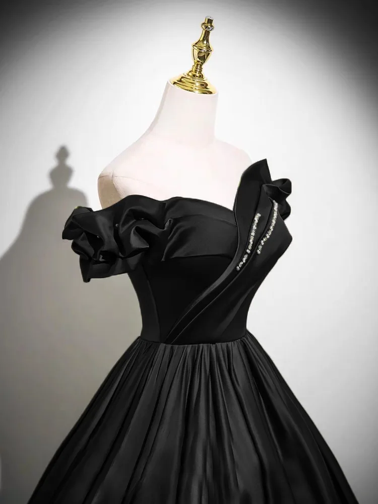 Elegant Black Satin Prom Dresses 2025 A Line Princess Off The Shoulder  Short Sleeve Backless Floor Length Long Formal Dresses