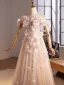 Chic / Beautiful Blushing Pink Appliques Sequins Prom Dresses 2025 A-Line / Princess Off-The-Shoulder Sleeveless Backless Floor-Length / Long Formal Dresses