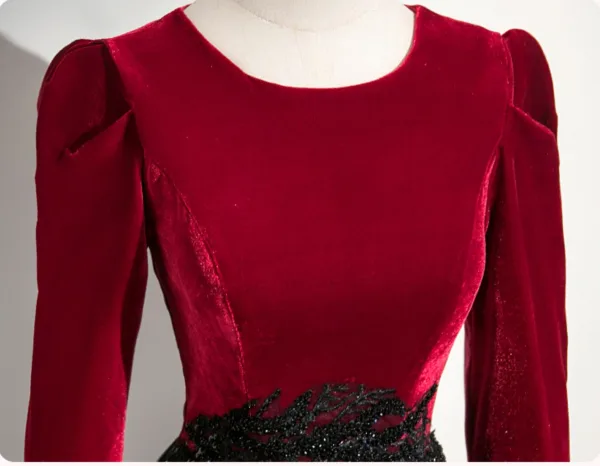 Vintage / Retro Burgundy Beading Velvet Prom Dresses 2025 A-Line / Princess Scoop Neck Long Sleeve Floor-Length / Long Formal Dresses