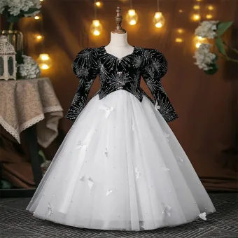 Vintage Negro Glitter Cumpleaños Vestidos Para Niñas 2025 Ball Gown Escote Cuadrado Hinchado Manga Larga Largos