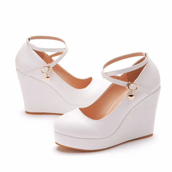 Unusual White Evening Party Womens Shoes High Heels 2022 10 cm Wedges Waterproof Round Toe Womens Shoes