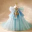 Elegant Sky Blue Beading Pearl Sequins Birthday Flower Girl Dresses 2024 Ball Gown Scoop Neck Puffy Short Sleeve Backless Sweep Train Tulle