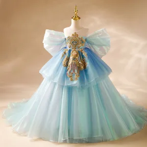 Chic Bleu Ciel Perlage Perle Paillettes Volants En Cascade Anniversaire Robe Ceremonie Fille 2024 Robe Boule De L Épaule Gonflée Manches Courtes Dos Nu Train De Balayage Robe Ceremonie Fille