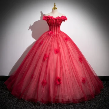 Hermoso Rojo Flor Vestidos De Gala 2023 Fuera Del Hombro Sin Mangas Largos Ball Gown Vestidos Formales