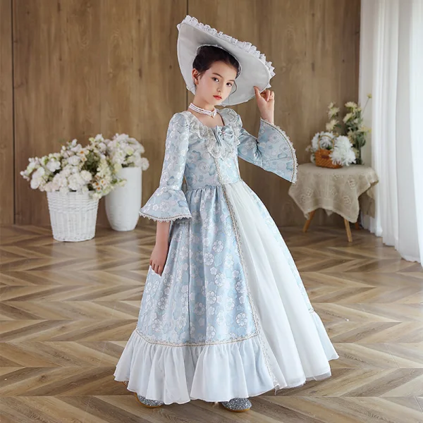 Medieval Vintage / Retro Sky Blue Printing Birthday Flower Girl Dresses 2023 A-Line / Princess Scoop Neck Bow Pearl 3/4 Sleeve Floor-Length / Long Flower Girl Dresses
