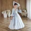 Medieval Vintage / Retro Sky Blue Printing Birthday Flower Girl Dresses 2023 A-Line / Princess Scoop Neck Bow Pearl 3/4 Sleeve Floor-Length / Long Flower Girl Dresses