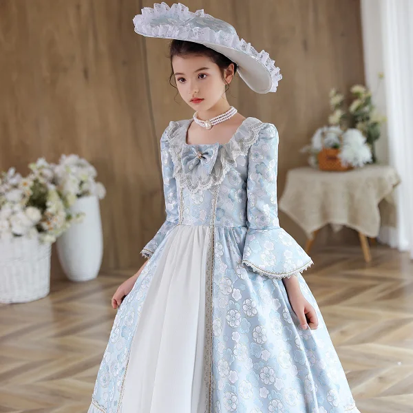 Medieval Vintage / Retro Sky Blue Printing Birthday Flower Girl Dresses 2023 A-Line / Princess Scoop Neck Bow Pearl 3/4 Sleeve Floor-Length / Long Flower Girl Dresses