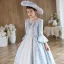 Medieval Vintage / Retro Sky Blue Printing Birthday Flower Girl Dresses 2023 A-Line / Princess Scoop Neck Bow Pearl 3/4 Sleeve Floor-Length / Long Flower Girl Dresses