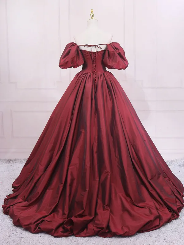 Demure Burgundy Prom Dresses 2025 Ball Gown Off-The-Shoulder Puffy Short Sleeve Backless Sweep Train Prom Formal Dresses