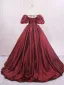 Demure Burgundy Prom Dresses 2025 Ball Gown Off-The-Shoulder Puffy Short Sleeve Backless Sweep Train Prom Formal Dresses