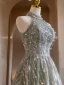 Sparkly Sage Green Beading Pearl Glitter Prom Dresses 2024 A-Line / Princess Halter Sleeveless Backless Floor-Length / Long Prom Formal Dresses
