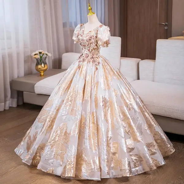 Elegant Gold Sequins Rhinestone Prom Dresses 2024 Ball Gown V-Neck Short  Sleeve Backless Floor-Length /
