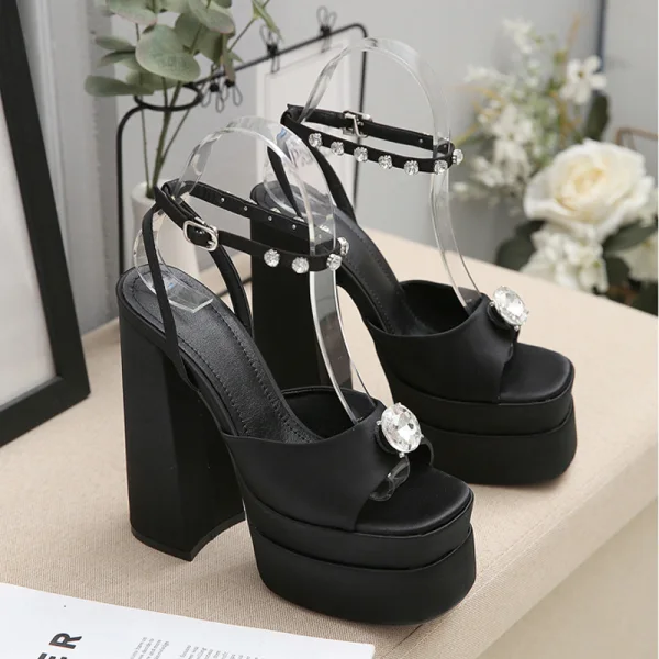 Fashion Black Cocktail Party Evening Party Rhinestone Womens Sandals 2023 Ankle Strap 14 cm Stiletto Heels Waterproof Open / Peep Toe Sandals High Heels