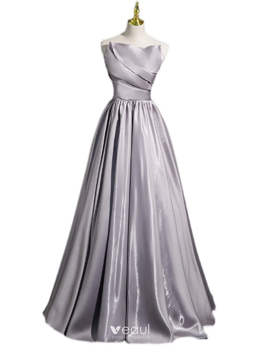 Modest Simple Grey Satin Evening Dresses 2023 A-Line Princess Strapless Sleeveless Long