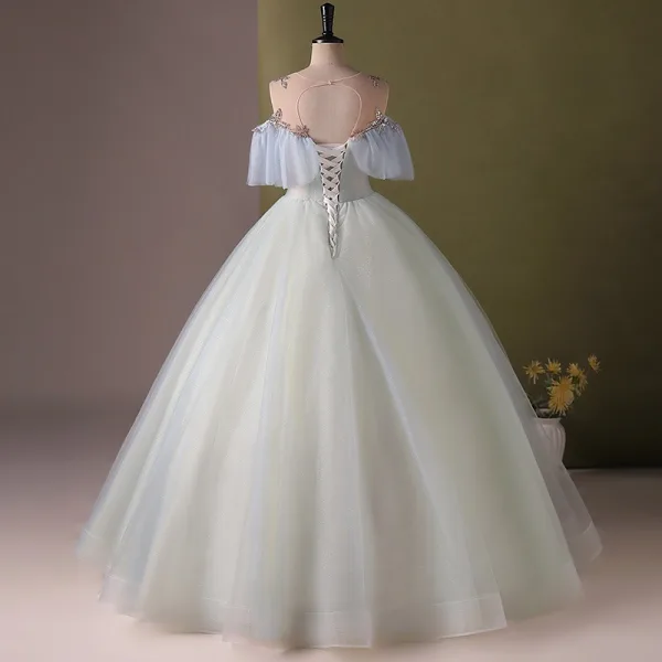 Élégant Vert Cendré Perlage Paillettes Robe De Bal 2024 Robe Boule Encolure Dégagée Manches Courtes Dos Nu Longue Promo Robe De Ceremonie