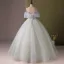 Élégant Vert Cendré Perlage Paillettes Robe De Bal 2024 Robe Boule Encolure Dégagée Manches Courtes Dos Nu Longue Promo Robe De Ceremonie