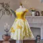 Fashion Yellow Homecoming Bow Short Graduation Dresses 2024 A-Line / Princess Off-The-Shoulder Sleeveless Backless