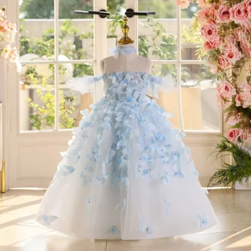 Fée Des Fleurs Bleu Ciel Perlage Perle Papillon Anniversaire Robe Ceremonie Fille 2025 Robe Boule Encolure Dégagée Sans Manches Dos Nu Longue