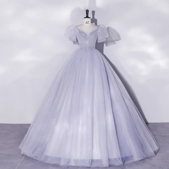 Chic Belle Bleu Ciel Perlage Paillettes Robe De Bal 2022 Robe Boule Encolure Dégagée Manches Courtes Gonflée Dos Nu Longue Promo Robe De Ceremonie