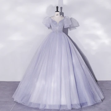 Chic Belle Bleu Ciel Perlage Paillettes Robe De Bal 2022 Robe Boule Encolure Dégagée Manches Courtes Gonflée Dos Nu Longue Promo Robe De Ceremonie