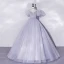 Chic / Beautiful Sky Blue Beading Sequins Prom Dresses 2022 Ball Gown Scoop Neck Short Sleeve Puffy Backless Floor-Length / Long Prom Formal Dresses