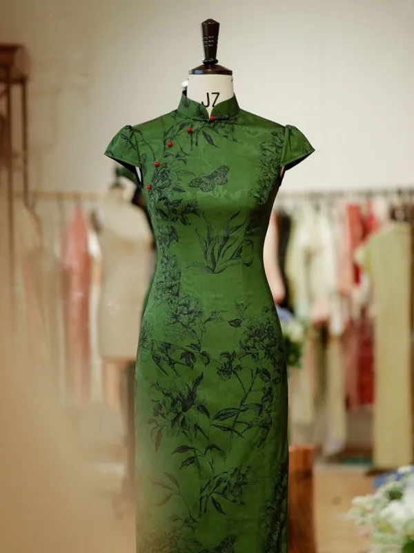 Chinese style Green Printing Split Front Tea-length Cheongsam 2026 Trumpet / Mermaid High Neck Cap Sleeves