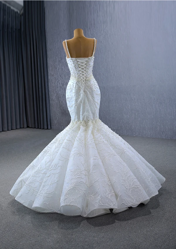 High-end White Handmade  Beading Pearl Wedding Dresses 2023 Ball Gown Spaghetti Straps Sleeveless Backless Floor-Length / Long Wedding