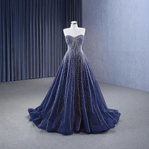 Haut De Gamme Bleu Marine Fait Main Perlage Faux Diamant Robe De Bal 2023 Princesse Bustier Sans Manches Dos Nu Train De Balayage Promo Robe De Ceremonie